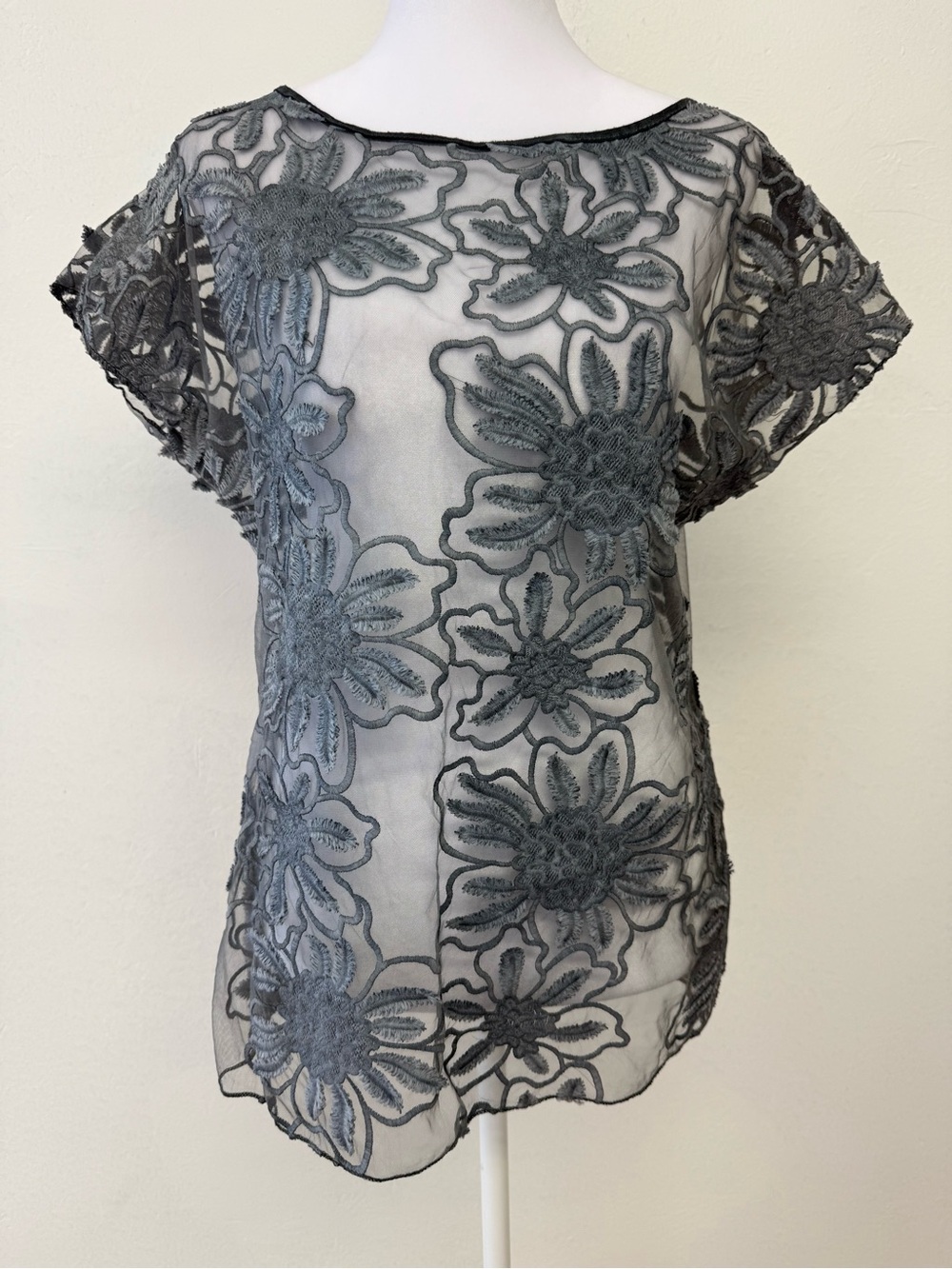 Cosmo Italy Sheer Floral Embroidered Blouse - Gray
